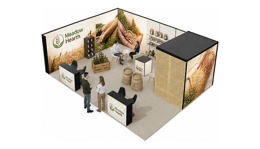 Stoisko 8 × 6 m narożne lewe dla branży żywność ekologiczna, przykładowa marka Meadow Hearth