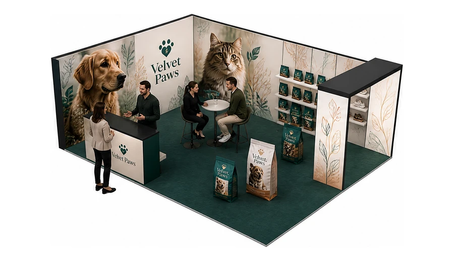 Stoisko 8 × 6 m narożne lewe dla branży karma dla zwierząt, przykładowa marka Velvet Paws