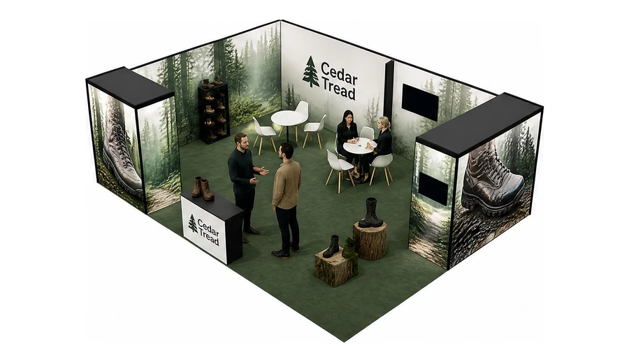 Stoisko 8 × 6 m narożne lewe dla branży obuwie, przykładowa marka Cedar Tread
