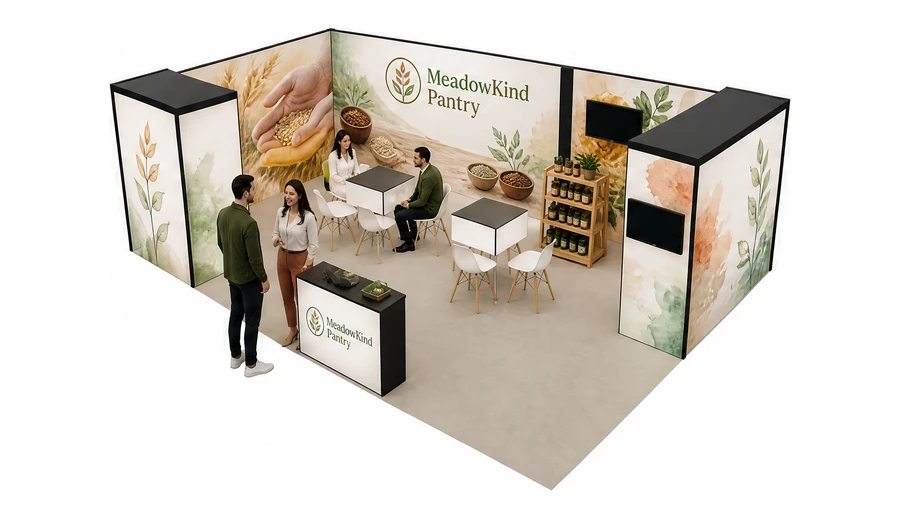 Stoisko 8 × 6 m narożne lewe dla branży żywność ekologiczna, przykładowa marka MeadowKind Pantry