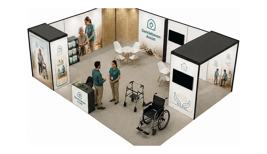 Stoisko 8 × 6 m narożne lewe dla branży opieka senioralna, przykładowa marka Gentlehaven Assist