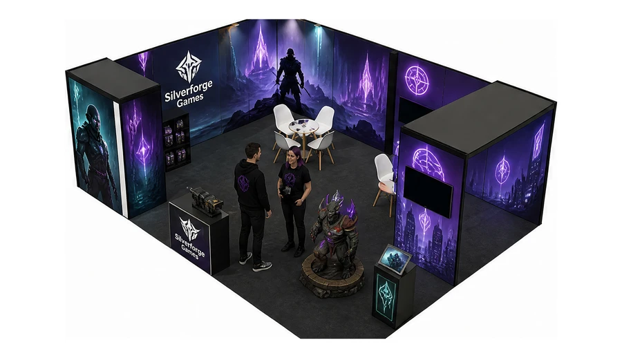 Stoisko 8 × 6 m narożne lewe dla branży gry wideo, przykładowa marka Silverforge Games