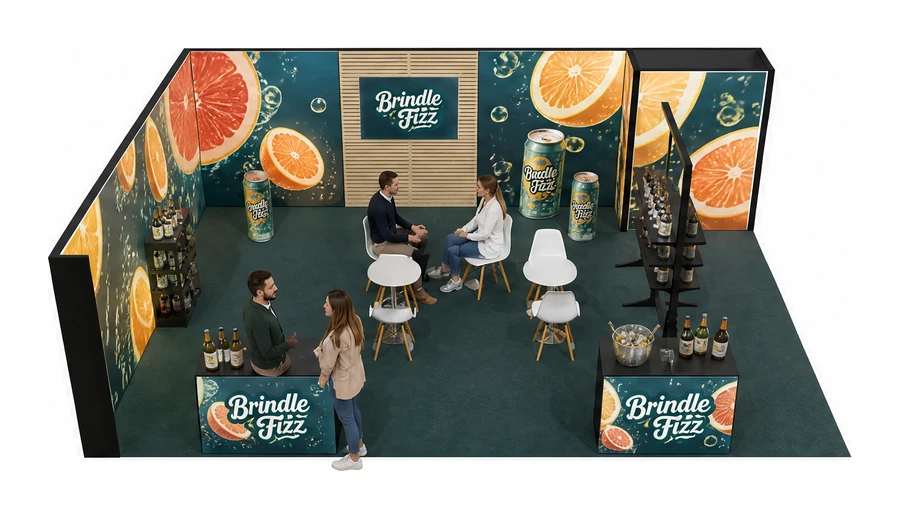 Stoisko 8 × 6 m narożne lewe dla branży napoje, przykładowa marka Brindle Fizz
