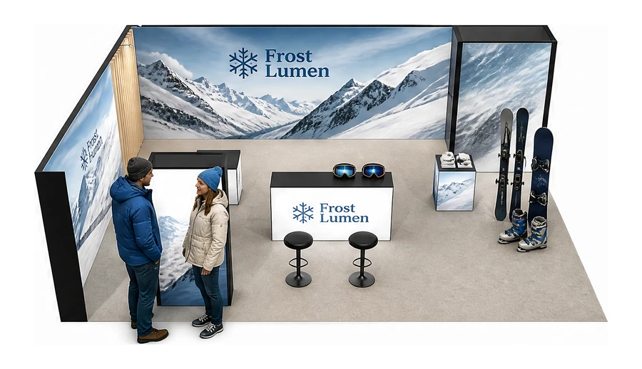 Stoisko 8 × 6 m narożne lewe dla branży narciarstwo i sporty zimowe, przykładowa marka Frost Lumen