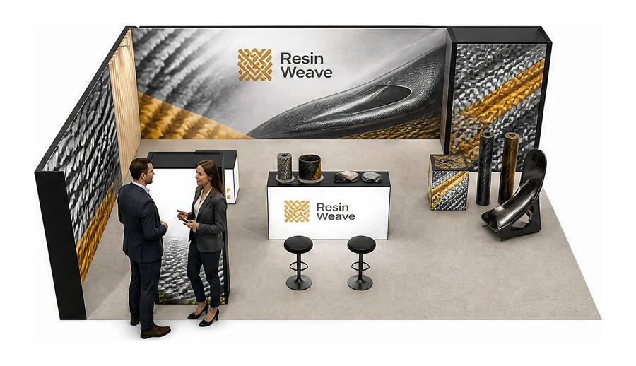Stoisko 8 × 6 m narożne lewe dla branży materiały kompozytowe, przykładowa marka Resin Weave