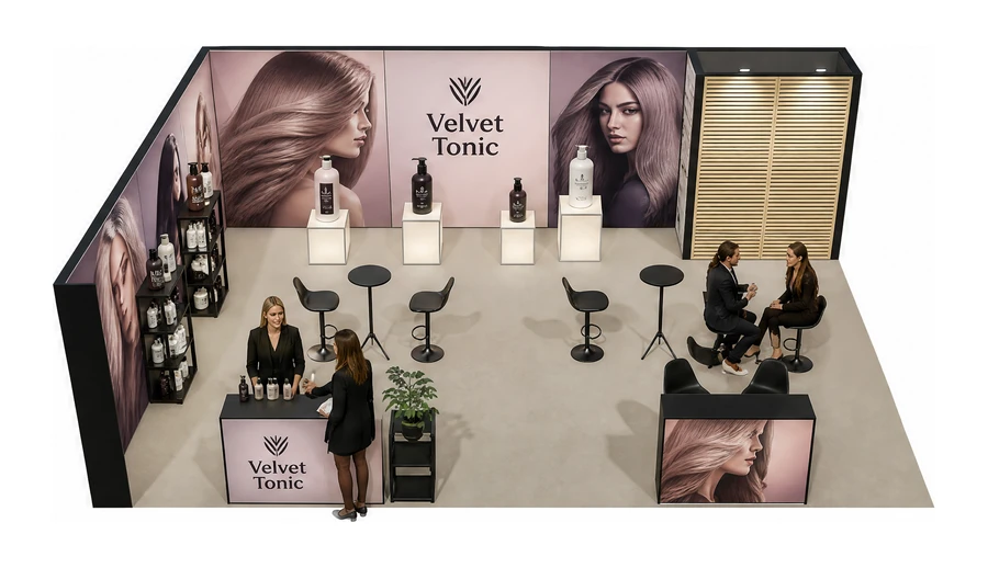 Stoisko 8 × 6 m narożne lewe dla branży fryzjerstwo i salony beauty, przykładowa marka Velvet Tonic