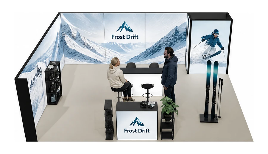 Stoisko 8 × 6 m narożne lewe dla branży narciarstwo i sporty zimowe, przykładowa marka Frost Drift