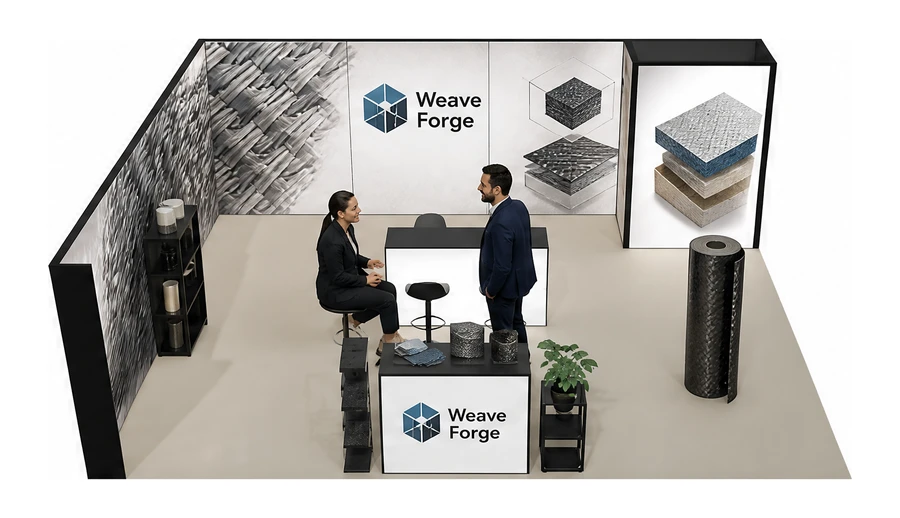 Stoisko 8 × 6 m narożne lewe dla branży materiały kompozytowe, przykładowa marka Weave Forge