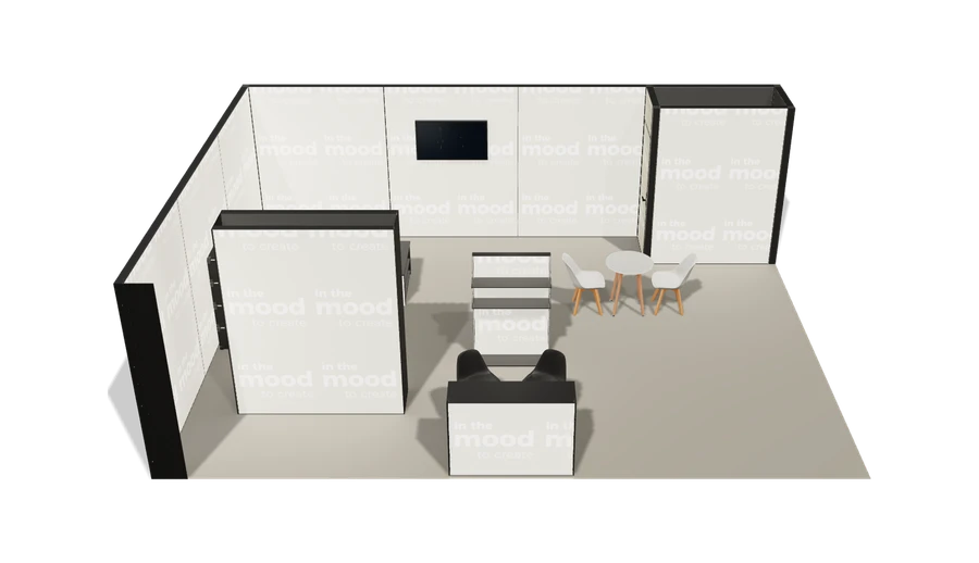 Układ z góry stoiska targowego stoisko narozne lewe 8x6 m100 led z zapleczem z1 r0 s0 l1 e1 p0 w0 m0 g0 a4 v2a o5