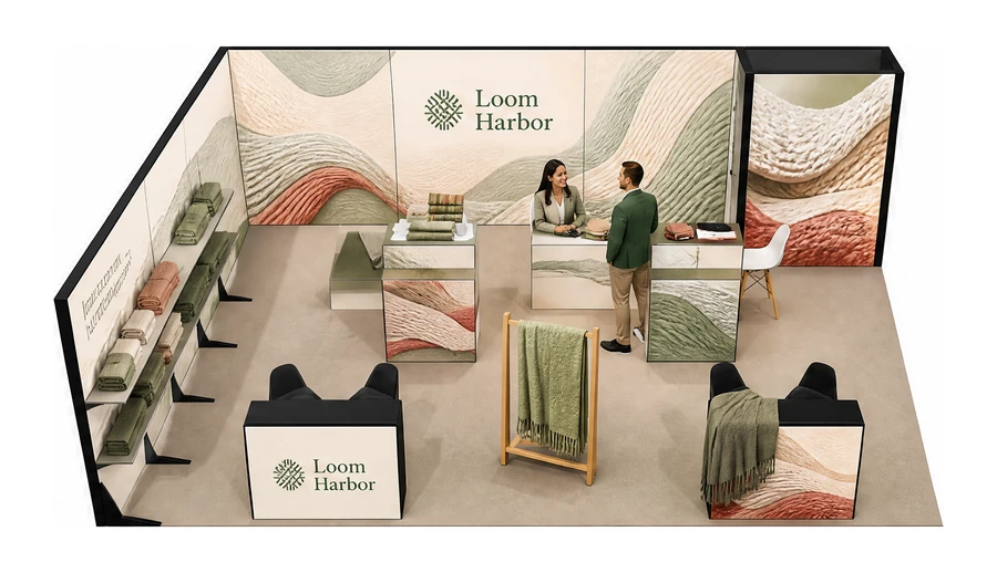 Stoisko 8 × 6 m narożne lewe dla branży tekstylia i tkaniny, przykładowa marka Loom Harbor