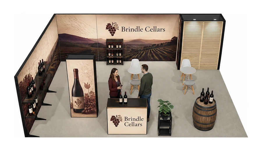 Stoisko 8 × 6 m narożne lewe dla branży winnica, przykładowa marka Brindle Cellars