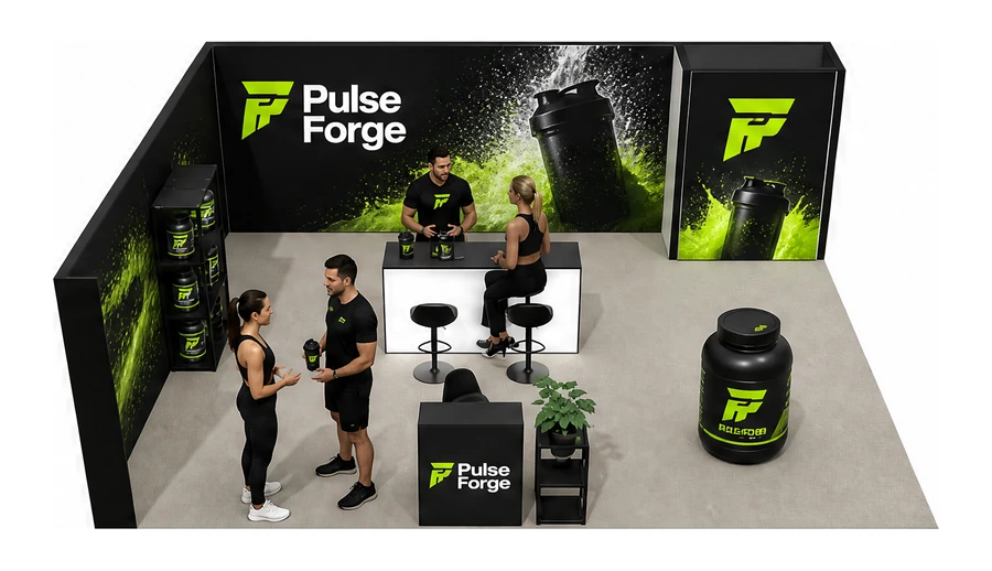 Stoisko 8 × 6 m narożne lewe dla branży suplementy diety, przykładowa marka Pulse Forge