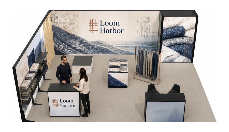 Stoisko 8 × 6 m narożne lewe dla branży tekstylia i tkaniny, przykładowa marka Loom Harbor
