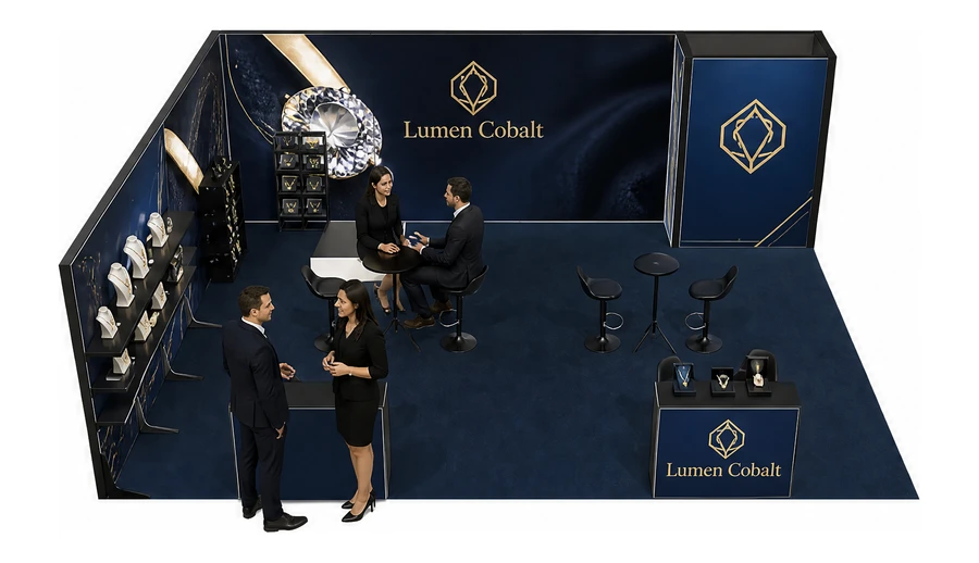 Stoisko 8 × 6 m narożne lewe dla branży biżuteria, przykładowa marka Lumen Cobalt
