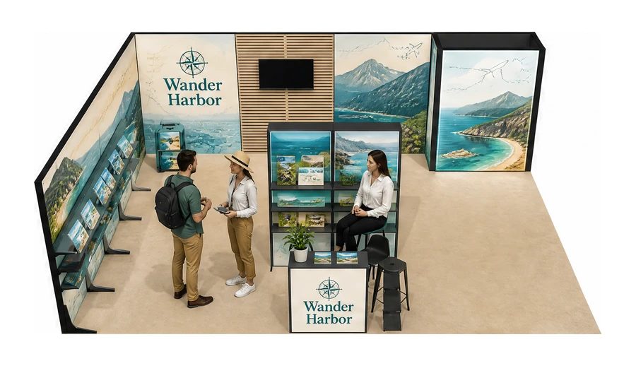 Stoisko 8 × 6 m narożne lewe dla branży biura podróży i regiony, przykładowa marka Wander Harbor