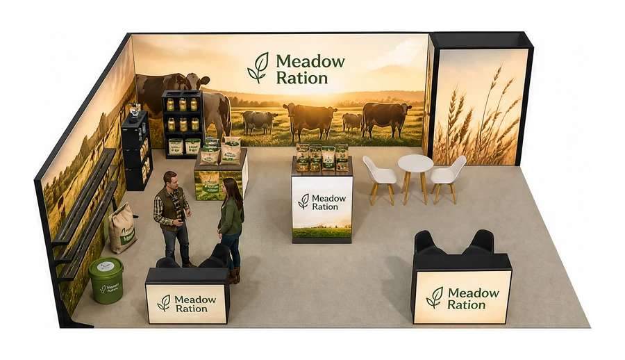Stoisko 8 × 6 m narożne lewe dla branży hodowla i pasze, przykładowa marka Meadow Ration