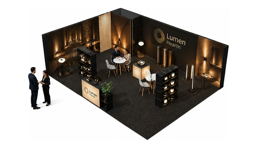 Stoisko 8 × 6 m narożne lewe dla branży oświetlenie, przykładowa marka Lumen Hearth