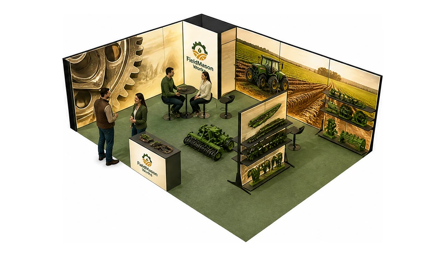 Stoisko 8 × 6 m narożne lewe dla branży maszyny rolnicze, przykładowa marka FieldMason Works