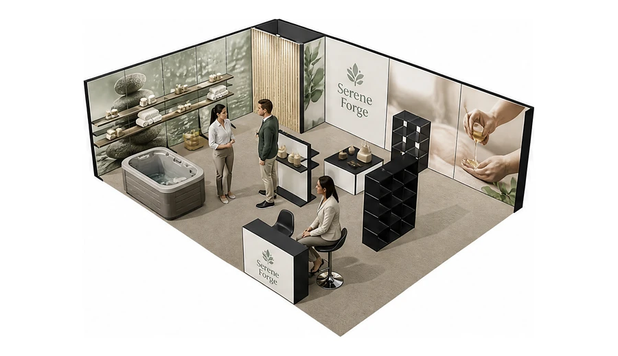 Stoisko 8 × 6 m narożne lewe dla branży spa i wellness, przykładowa marka Serene Forge