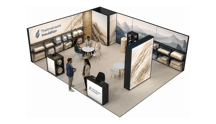 Stoisko 8 × 6 m narożne lewe dla branży izolacje techniczne, przykładowa marka ThermaLoom Insulation