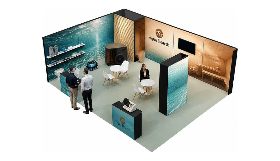 Stoisko 8 × 6 m narożne lewe dla branży baseny i sauny, przykładowa marka Aqua Hearth