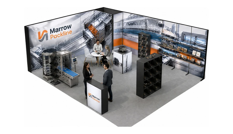 Stoisko 8 × 6 m narożne lewe dla branży maszyny pakujące, przykładowa marka Marrow Packline