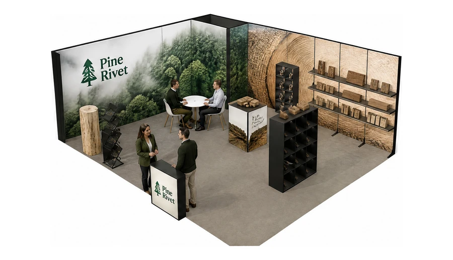 Stoisko 8 × 6 m narożne lewe dla branży leśnictwo i przemysł drzewny, przykładowa marka Pine Rivet