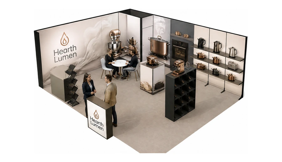 Stoisko 8 × 6 m narożne lewe dla branży sprzęt kuchenny i AGD, przykładowa marka Hearth Lumen