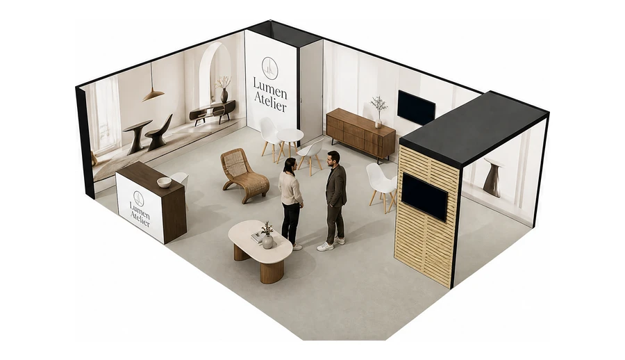 Stoisko 8 × 6 m narożne lewe dla branży meble designerskie, przykładowa marka Lumen Atelier