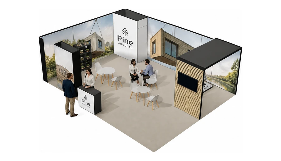 Stoisko 8 × 6 m narożne lewe dla branży domy modułowe i prefabrykacja, przykładowa marka Pine Modular