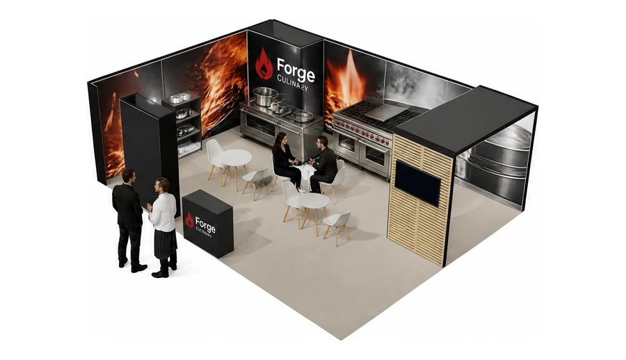 Stoisko 8 × 6 m narożne lewe dla branży wyposażenie gastronomii, przykładowa marka Forge Culinary