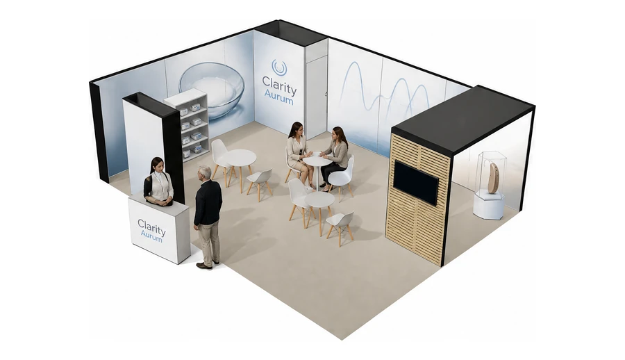 Stoisko 8 × 6 m narożne lewe dla branży optyka i audiologia, przykładowa marka Clarity Aurum