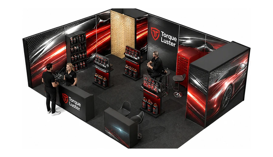 Stoisko 8 × 6 m narożne lewe dla branży tuning i detailing, przykładowa marka Torque Luster
