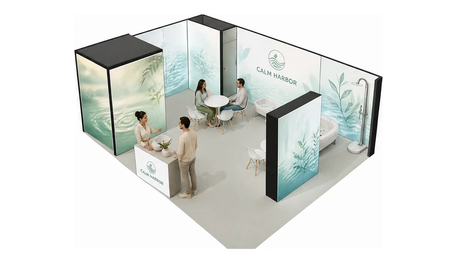 Stoisko 8 × 6 m narożne lewe dla branży spa i wellness, przykładowa marka Calm Harbor