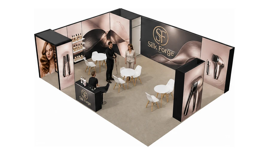 Stoisko 8 × 6 m narożne lewe dla branży fryzjerstwo i salony beauty, przykładowa marka Silk Forge