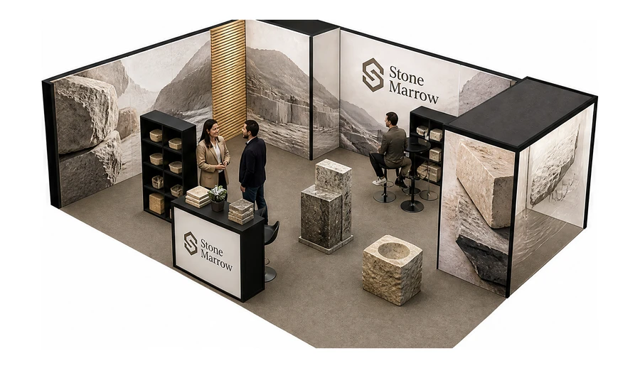 Stoisko 8 × 6 m narożne lewe dla branży kamień i kamieniarstwo, przykładowa marka Stone Marrow