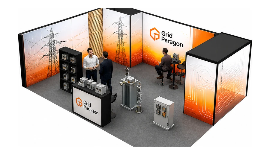 Stoisko 8 × 6 m narożne lewe dla branży energetyka i sieci, przykładowa marka Grid Paragon