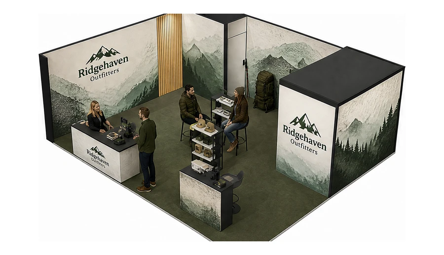 Stoisko 8 × 6 m narożne lewe dla branży odzież i sprzęt outdoorowy, przykładowa marka Ridgehaven Outfitters
