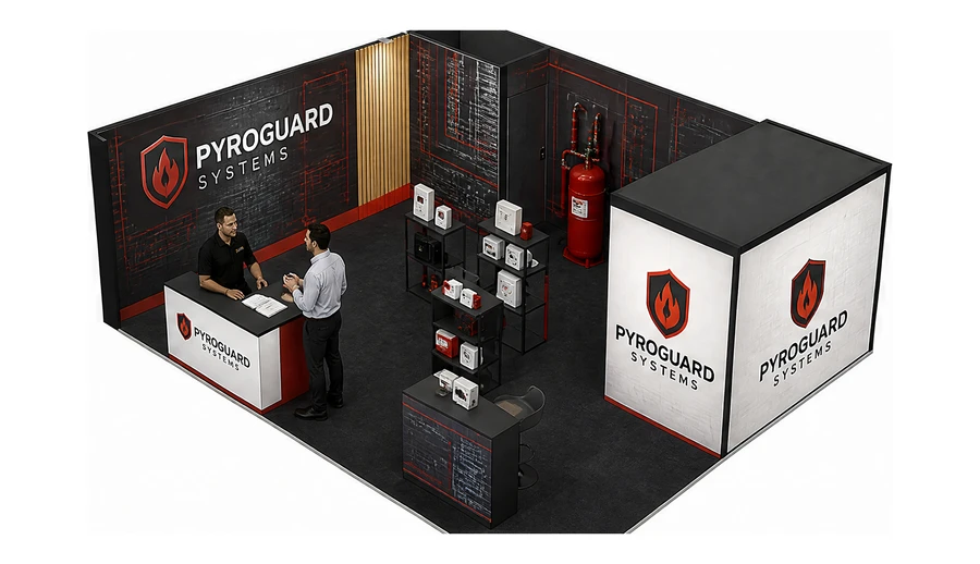 Stoisko 8 × 6 m narożne lewe dla branży ochrona przeciwpożarowa, przykładowa marka Pyroguard Systems