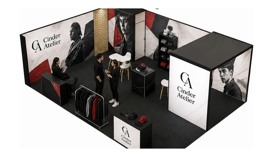 Stoisko 8 × 6 m narożne lewe dla branży odzież i moda, przykładowa marka Cinder Atelier