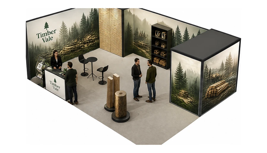 Stoisko 8 × 6 m narożne lewe dla branży leśnictwo i przemysł drzewny, przykładowa marka Timber Vale