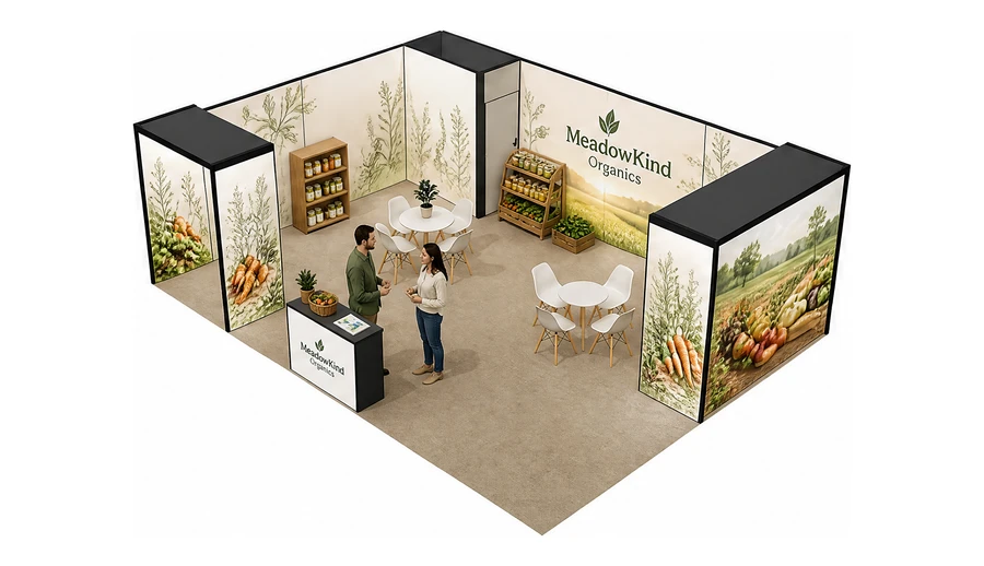 Stoisko 8 × 6 m narożne lewe dla branży żywność ekologiczna, przykładowa marka MeadowKind Organics