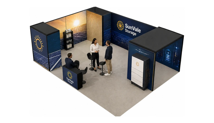 Stoisko 8 × 6 m narożne lewe dla branży fotowoltaika, przykładowa marka SunVale Storage