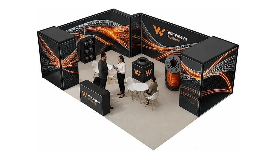 Stoisko 8 × 6 m narożne lewe dla branży kable i elektrotechnika, przykładowa marka Voltweave Systems