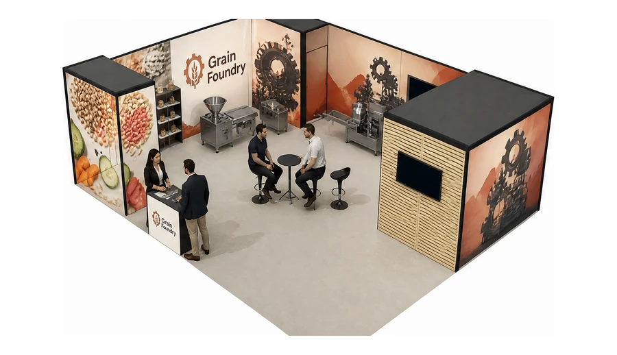 Stoisko 8 × 6 m narożne lewe dla branży technologie spożywcze, przykładowa marka Grain Foundry