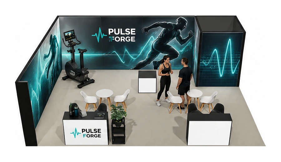 Stoisko 8 × 6 m narożne lewe dla branży fitness i siłownie, przykładowa marka Pulse Forge