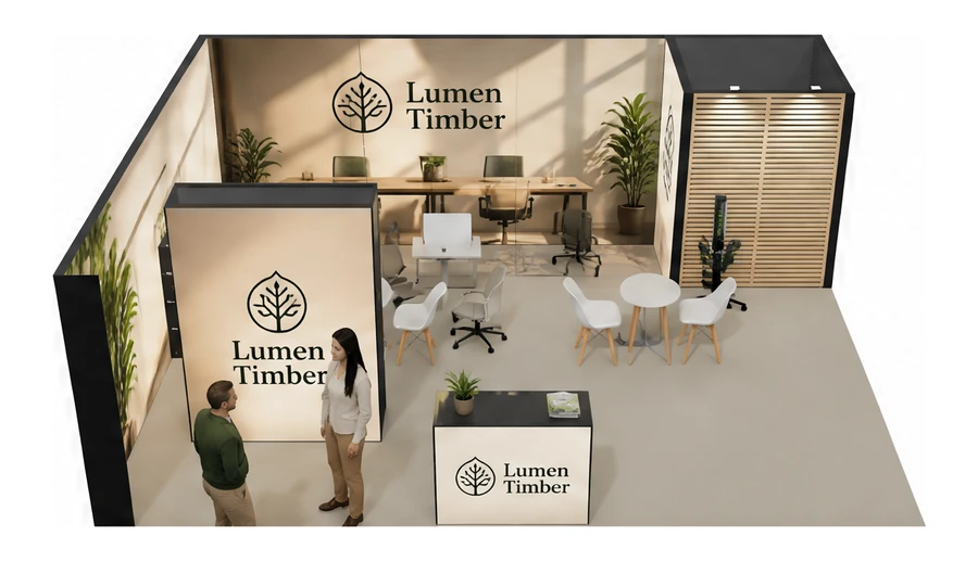 Stoisko 8 × 6 m narożne lewe dla branży meble biurowe, przykładowa marka Lumen Timber