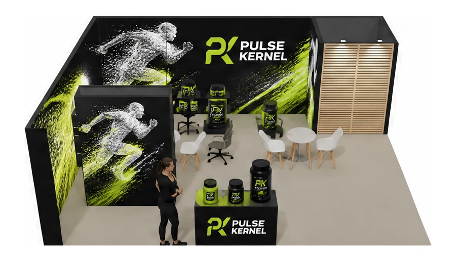 Stoisko 8 × 6 m narożne lewe dla branży suplementy diety, przykładowa marka Pulse Kernel