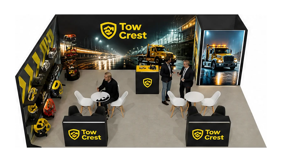 Stoisko 8 × 6 m narożne lewe dla branży pomoc drogowa i lawety, przykładowa marka Tow Crest