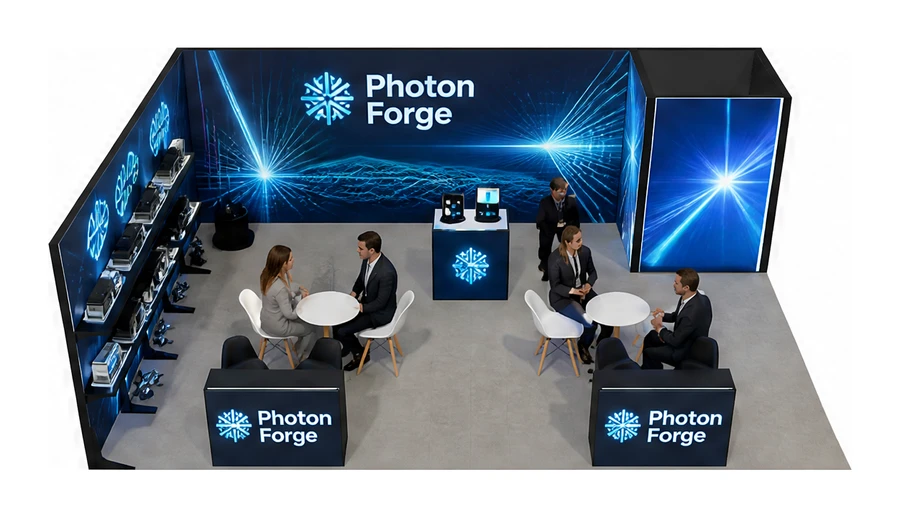 Stoisko 8 × 6 m narożne lewe dla branży technika laserowa i fotonika, przykładowa marka Photon Forge